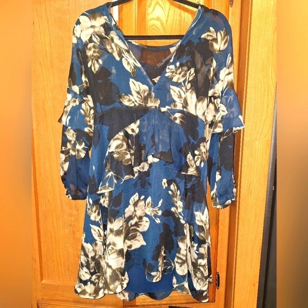 A Rachel Roy blue floral semi-sheer lined mini dress in a size 4. EUC.